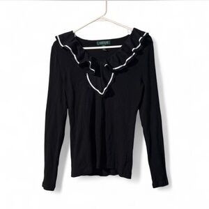 Ralph Lauren Black Blouse with White Ruffle Trim